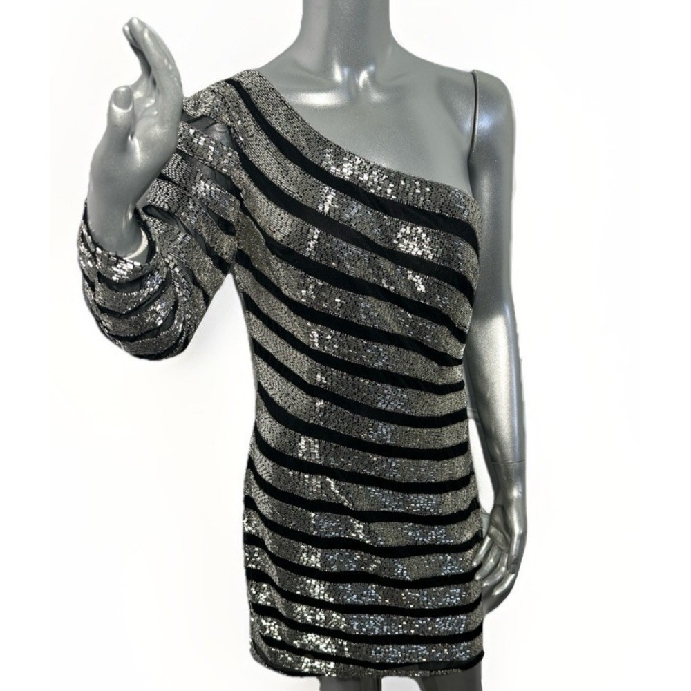 Aleta One-Shoulder Striped Beaded Sequin Mini Dress - Black & Silver 10 - Picture 2 of 13